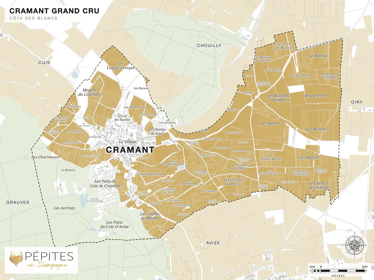 Carte parcellaire de Cramant, grand cru de la Côte des Blancs : parcelles classées en AOC Champagne en doré et noms des lieux-dits