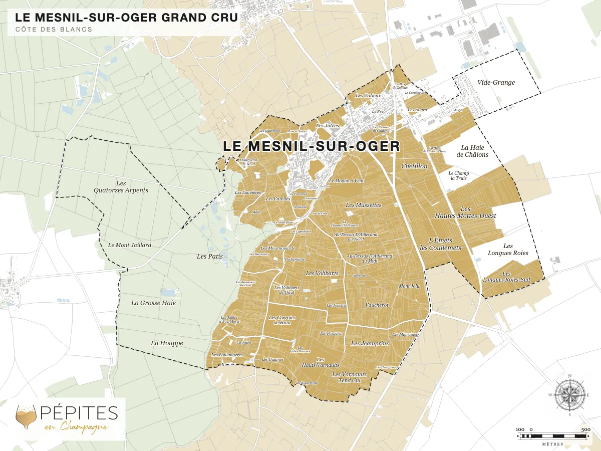Carte parcellaire de Le Mesnil-sur-Oger, grand cru de la Côte des Blancs : parcelles classées en AOC Champagne en doré et noms des lieux-dits