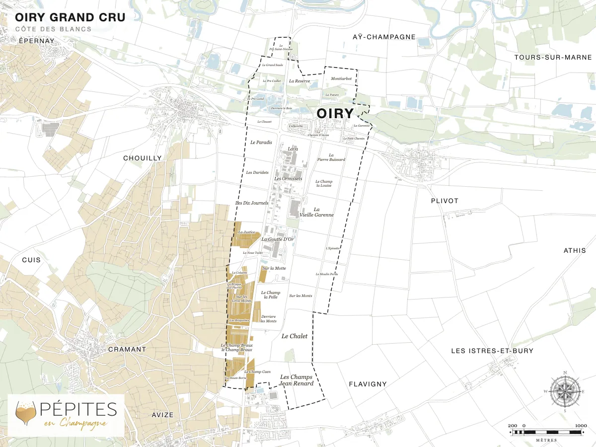 Carte parcellaire de Oiry, grand cru de la Côte des Blancs : parcelles classées en AOC Champagne en doré et noms des lieux-dits