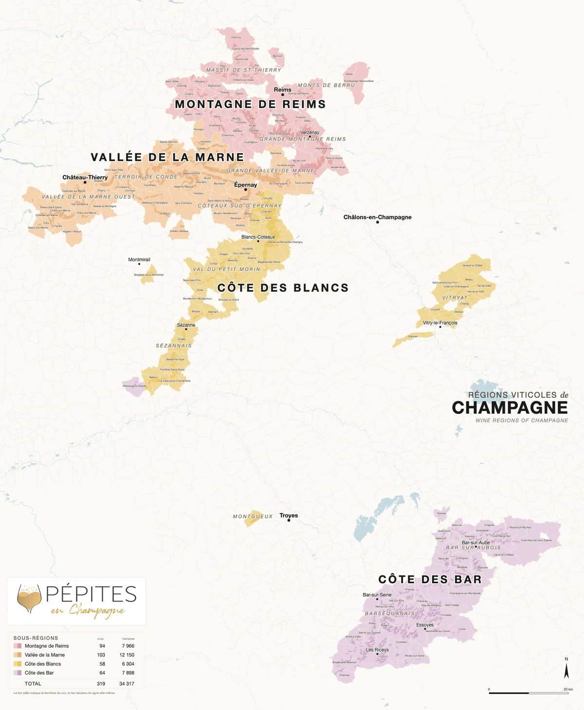 Carte des régions viticoles de Champagne : Montagne de Reims, Vallée de la Marne, Côte des Blancs et Côte des Bar, avec leurs sous-régions et leurs communes