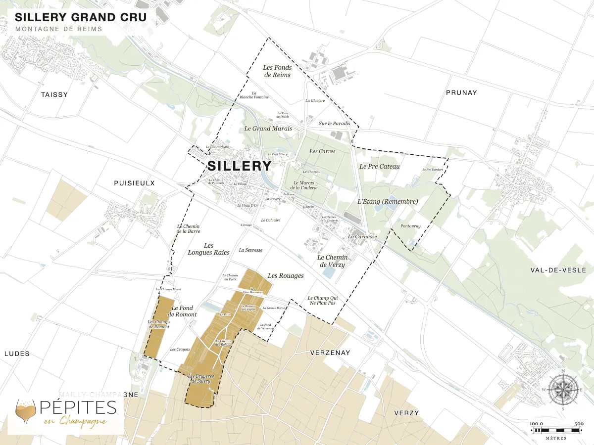 Carte parcellaire de Sillery, grand cru de la Montagne de Reims : parcelles classées en AOC Champagne en doré et noms des lieux-dits