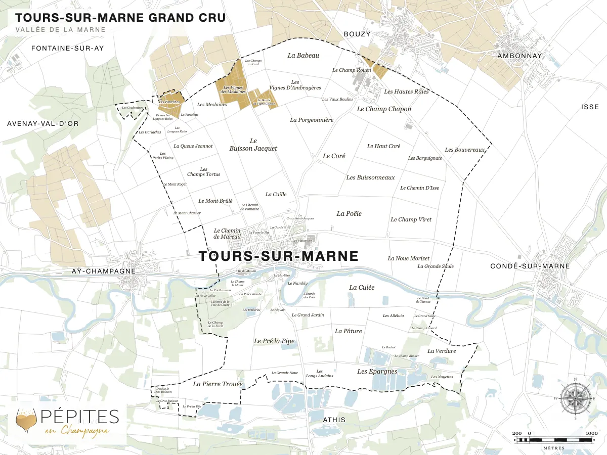 Carte parcellaire de Tours-sur-Marne, grand cru de la Vallée de la Marne : parcelles classées en AOC Champagne en doré et noms des lieux-dits