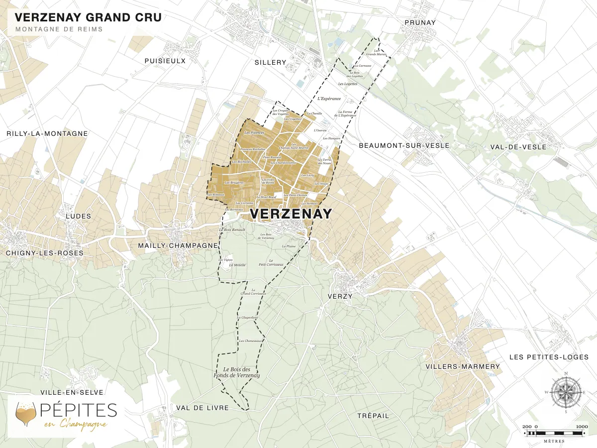 Carte parcellaire de Verzenay, grand cru de la Montagne de Reims : parcelles classées en AOC Champagne en doré et noms des lieux-dits