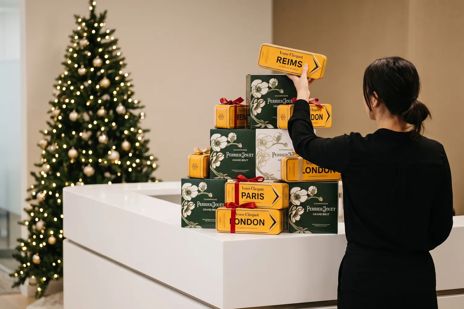 Accueil d'une entreprise décoré pour les fêtes : pyramide de coffrets Perrier-Jouët Grand Brut GreenBox et coffrets Arrow Veuve Clicquot sur le comptoir, une hôtesse posant le dernier, sapin illuminé