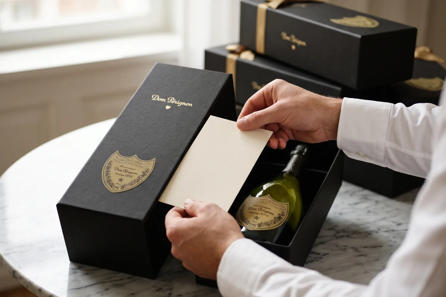 Mains glissant une carte imprimée dans un coffret Dom Pérignon Vintage 2015 ouvert, sur une table en marbre, d'autres coffrets noirs à ruban doré en arrière-plan