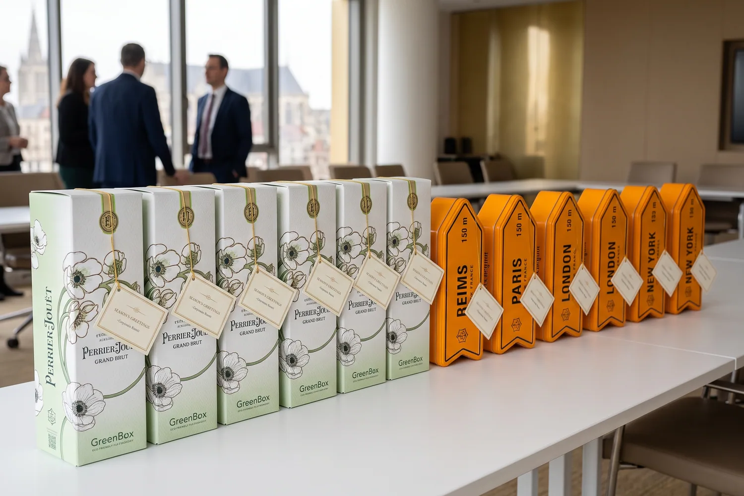 Série de cadeaux d'entreprise alignés sur une longue table blanche : coffrets Perrier-Jouët Grand Brut GreenBox et coffrets Arrow Veuve Clicquot, chacun avec une petite carte imprimée