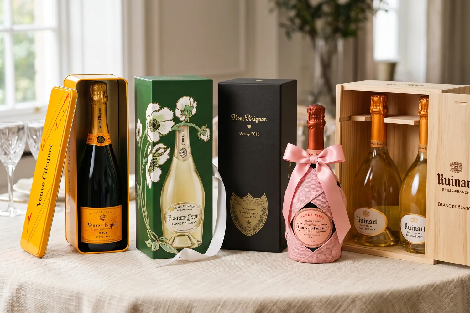 Cinq coffrets champagne cadeaux sur une nappe en lin : coffret Arrow Veuve Clicquot Carte Jaune, GreenBox Perrier-Jouët Blanc de Blancs, coffret Dom Pérignon Vintage 2015, Laurent-Perrier Cuvée Rosé en robe de rubans et caisse bois Ruinart Blanc de Blancs de deux bouteilles