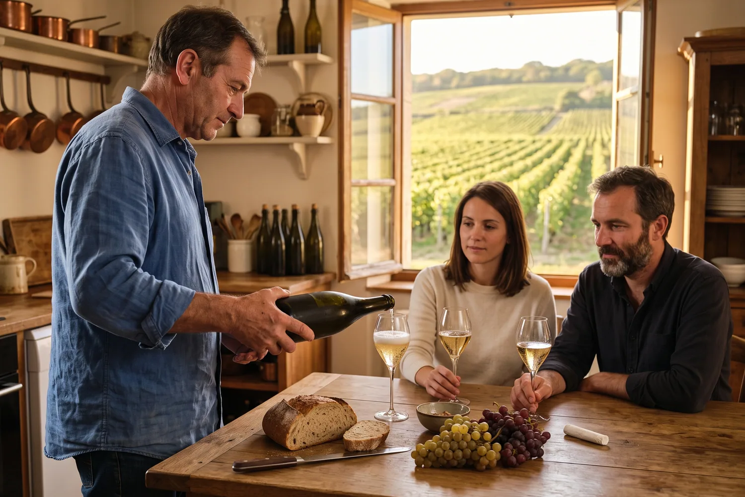 Dégustation dans la cuisine d'un vigneron champenois : le vigneron sert deux visiteurs, pain, raisin et morceau de craie sur la table en bois, les vignes par la fenêtre ouverte