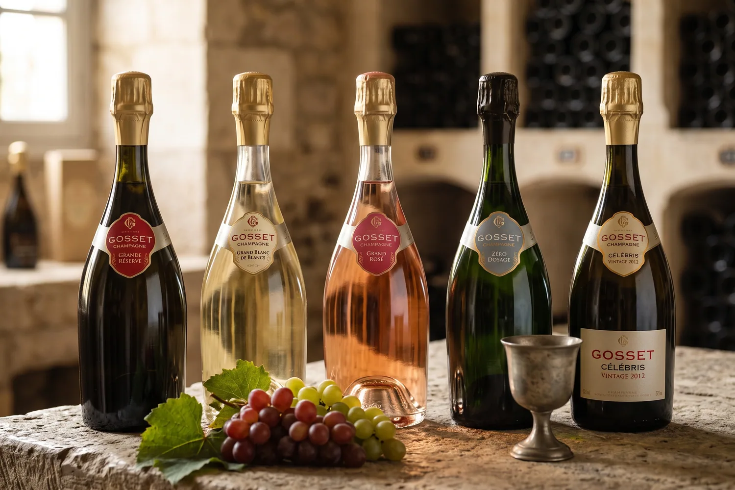 La gamme Gosset dans ses flacons antiques sur une table de pierre : Grande Réserve, Grand Blanc de Blancs, Grand Rosé, Zéro Dosage et Célébris Vintage 2012, avec une grappe de raisin et un tastevin