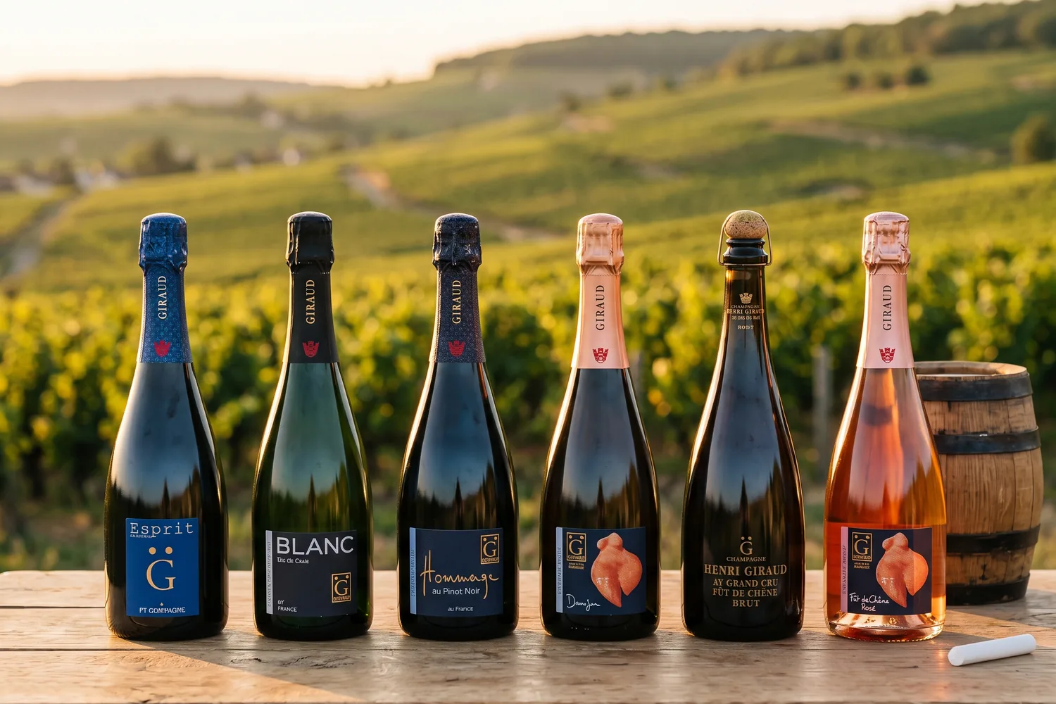 La gamme Henri Giraud devant les vignes d'Aÿ grand cru : Esprit Nature, Blanc de Craie, Hommage au Pinot Noir, Dame-Jane, Fût de Chêne MV et Fût de Chêne Rosé, avec un petit fût d'Argonne et un morceau de craie