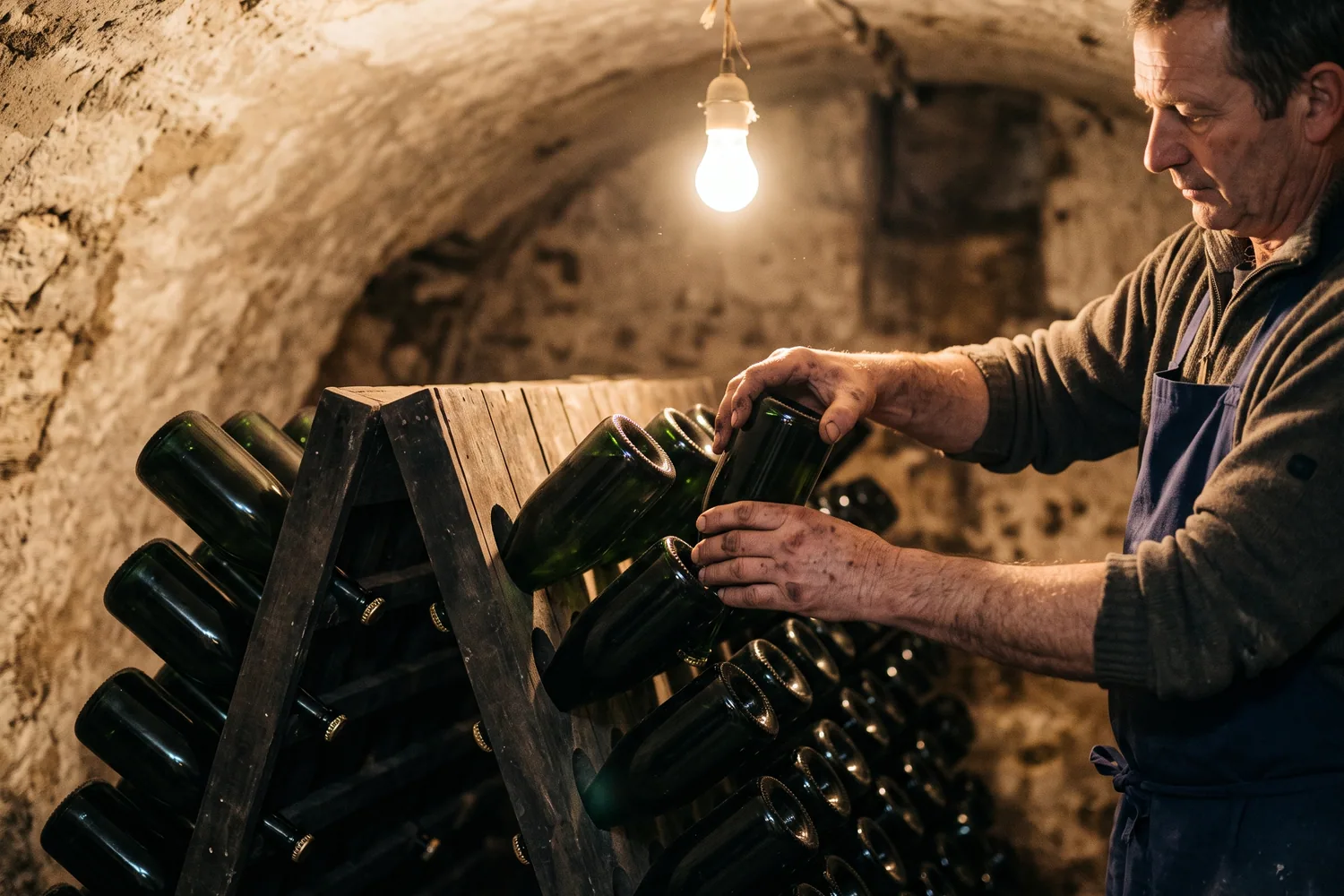 Mains d'un vigneron remuant des bouteilles de champagne sur un pupitre en bois dans une petite cave familiale creusée dans la craie, sous une ampoule nue