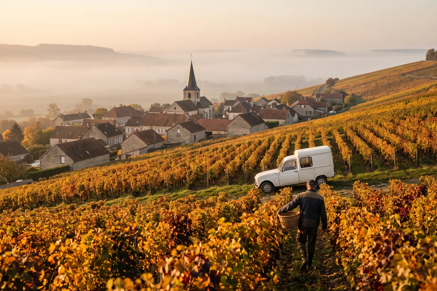 Village de Champagne au lever du soleil vu du haut de son coteau : vignes aux couleurs d'automne, clocher dans la brume, camionnette de vigneron et un vigneron marchant entre les rangs avec un panier